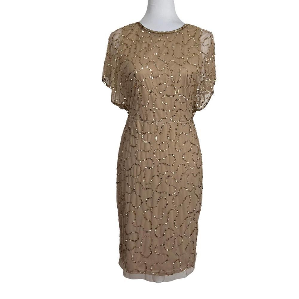 Adrianna Papell Dress Gold Champagne Sequin Flutter Sleeve Cocktail Gown Size 6
